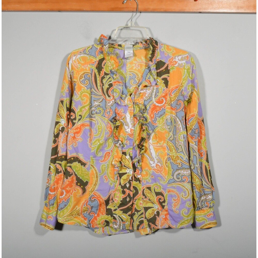 Craig Taylor Copacabana Rafi Purple Paisley Ruffle Button Up Shirt Blouse Sz S